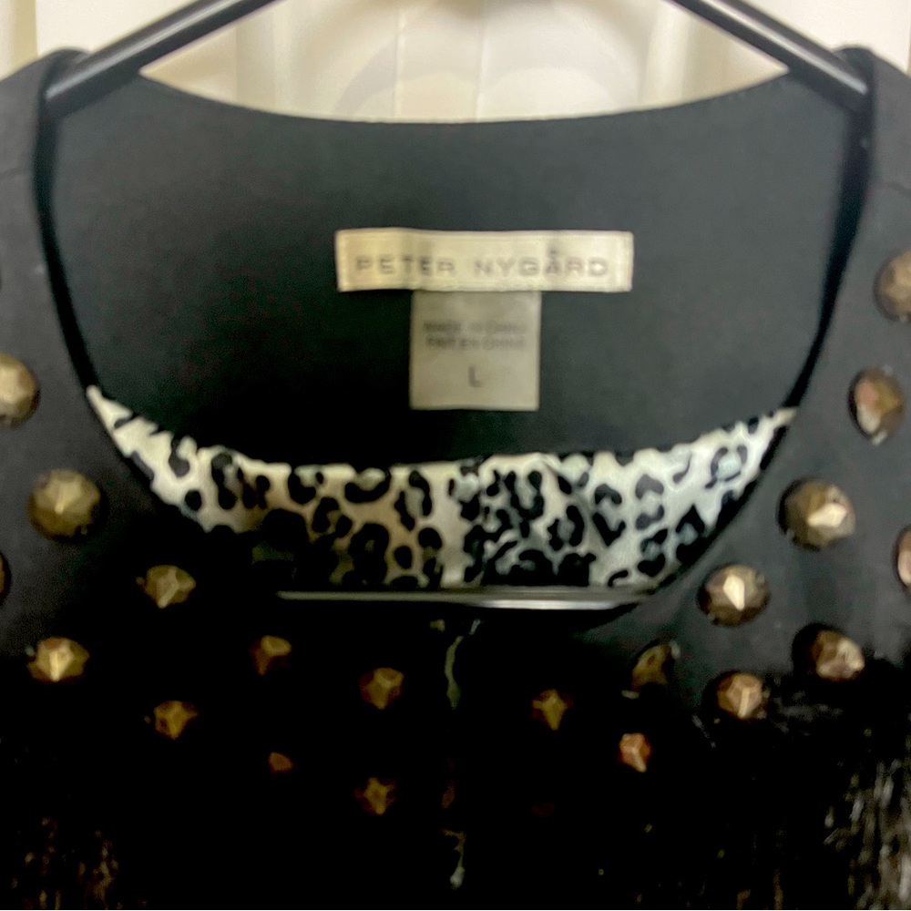 NEW Peter NYGard Black Faux Fur Vest Beaded Collar & Animal Print Lining Size L